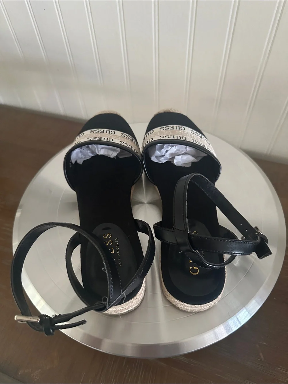 Guess Black Sandal Espadrilles with White Logo Like New sz 6.5